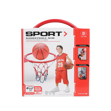 Red basketball hoop and ABS net hook kit in retail packaging