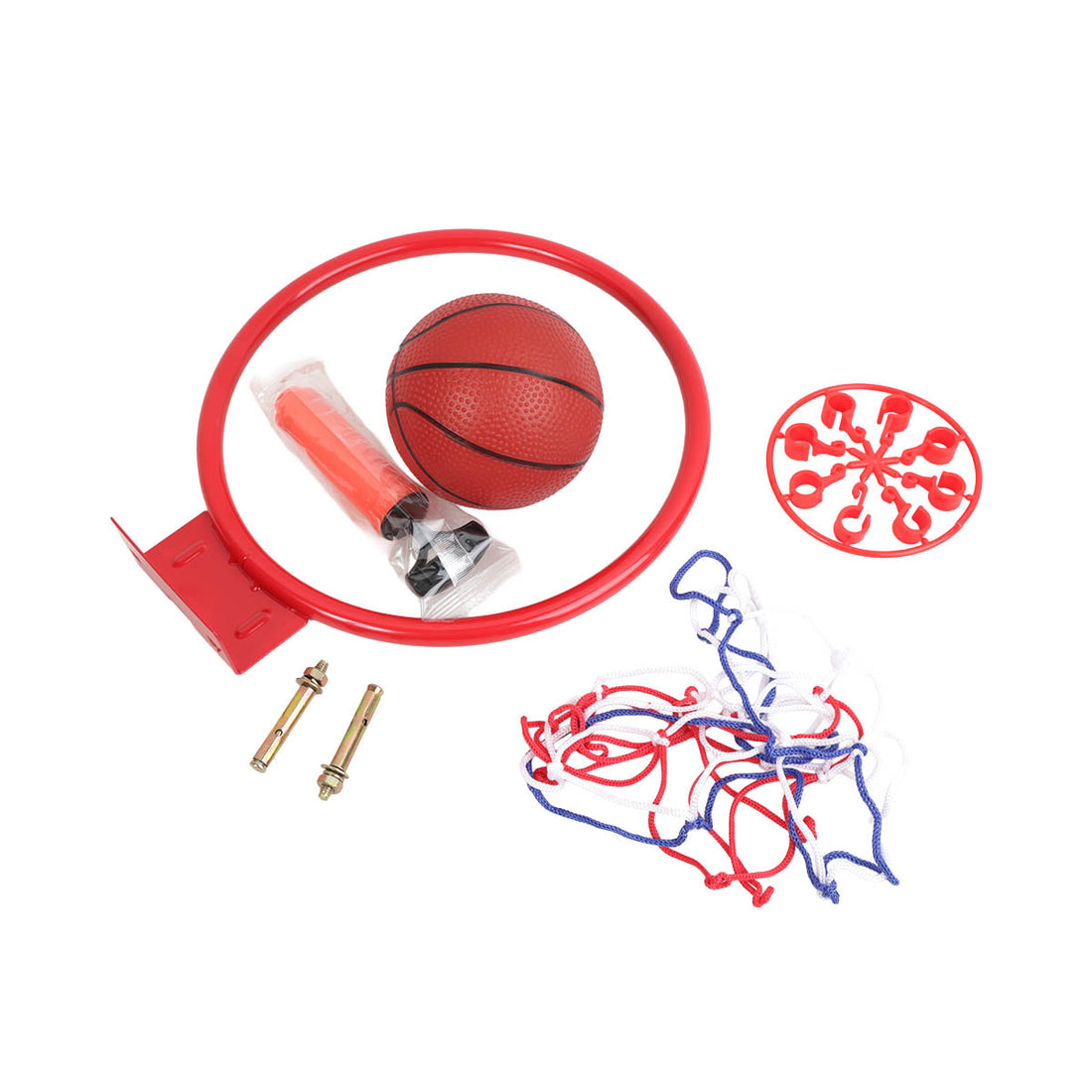 Red iron basketball hoop kit parts: rim, net, mounting hardware