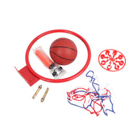 Red iron basketball hoop kit parts: rim, net, mounting hardware