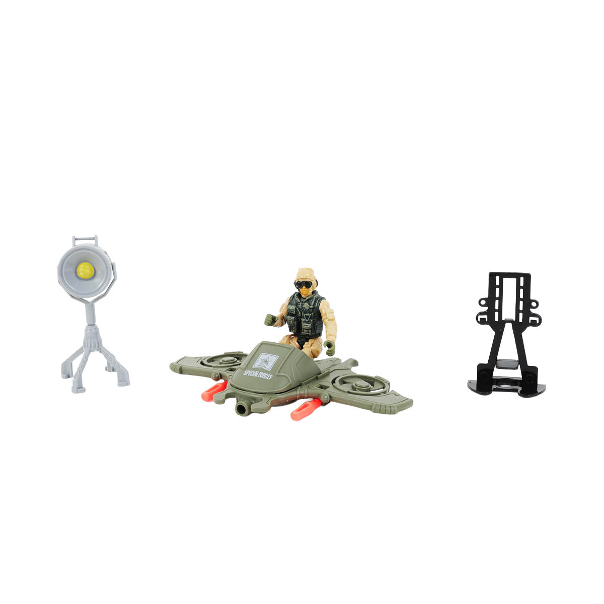 Military figure seated by green vehicle with spotlight and black stand accessories