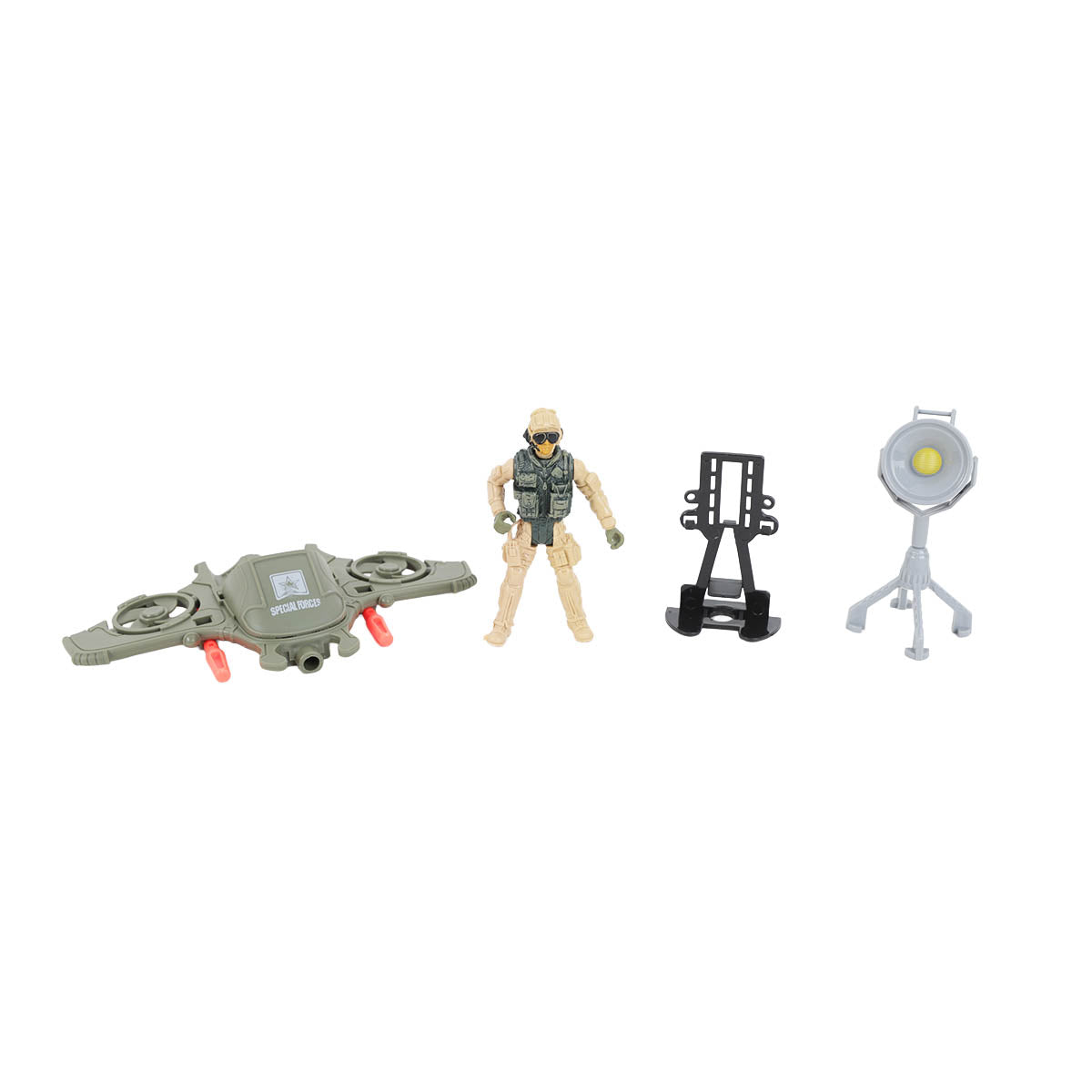Green military vehicle and action figure with spotlight and accessory stand