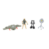 Green military vehicle and action figure with spotlight and accessory stand