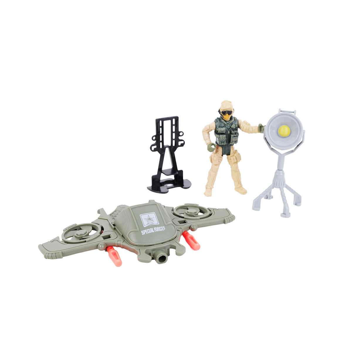 Soldier figure with green launcher-style vehicle tripod spotlight and black stand
