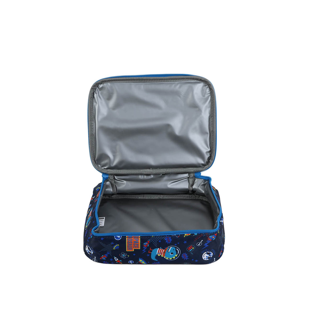 Open lunch bag with space print, gray lining, zip closure, front name card slot