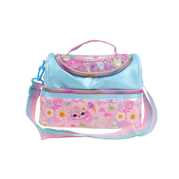 Insulated lunch bag with light blue body, top handle, pink zipper, and colorful animal print
