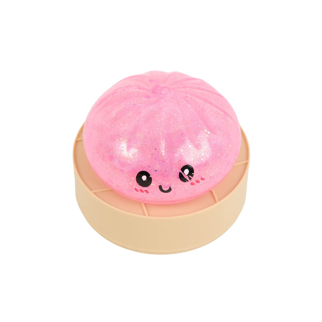 Pink glitter water-drop bun with cute face on beige holder base