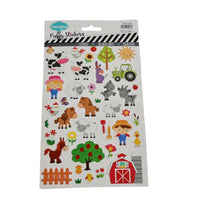 Colorful puffy stickers sheet with farm animals, a barn, fence, and trees
