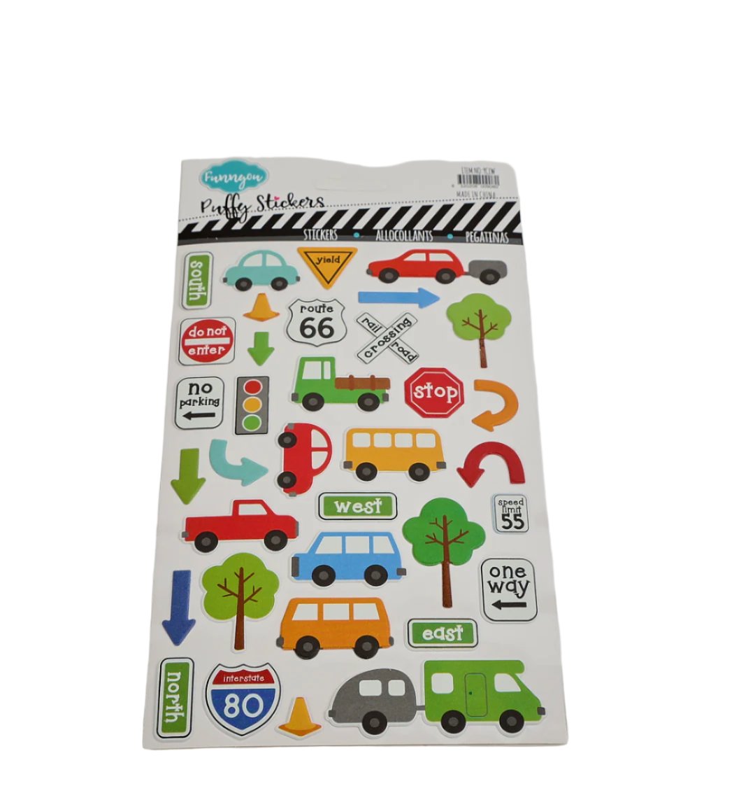Kids Puffy Sticker Set – School, Vehicles, Food Themes 2