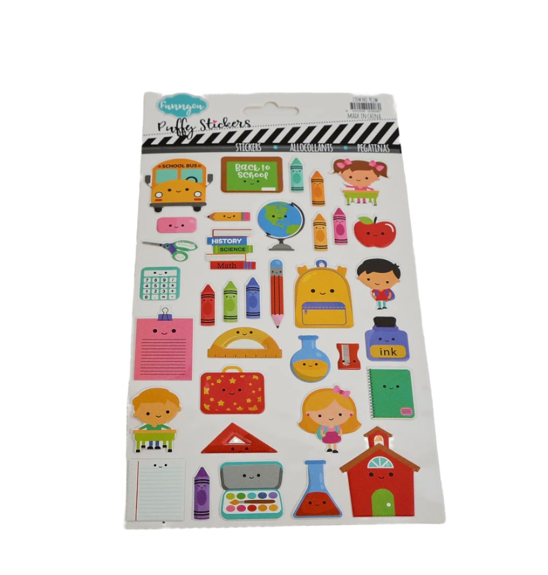 Kids Puffy Sticker Set – School, Vehicles, Food Themes 1