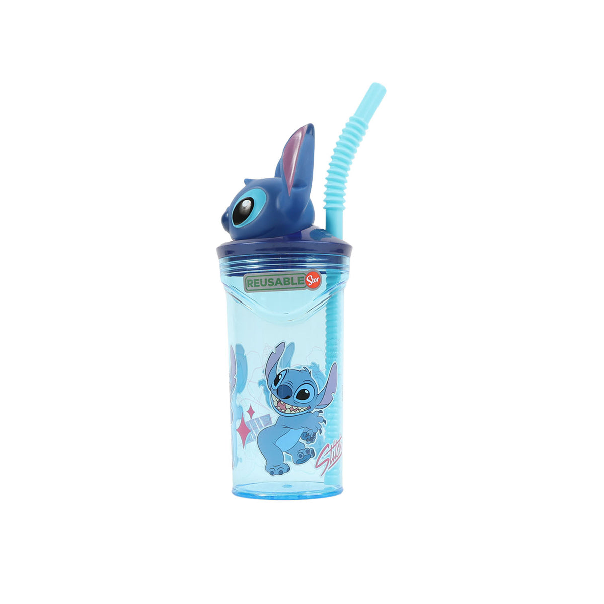 STITCH 3D figurine tumbler with blue straw, clear blue cup, reusable label