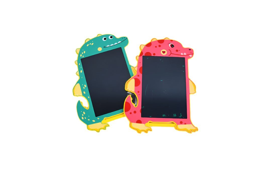 8.5-inch cartoon dinosaur writing boards, green and pink, angled views