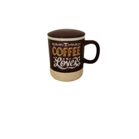 Ceramic coffee mug, brown with “Coffee Lovers” print and rounded lid