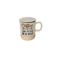 Ceramic coffee mug, white with “Coffee is like a Hug in a Mug” print and flat lid