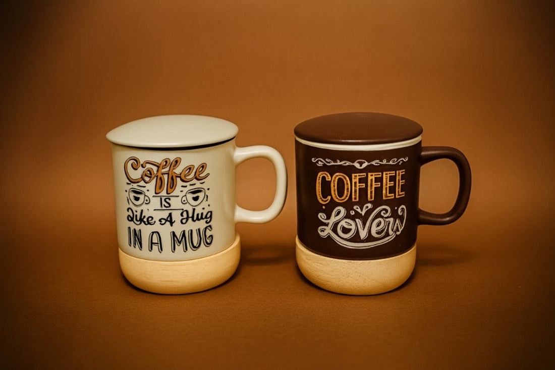 Ceramic coffee mug set: white mug with “Coffee is like a Hug” and brown “Coffee Lovers” mug