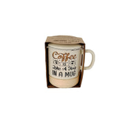 Ceramic coffee mug in box, white cup with “Coffee is like a Hug in a Mug” print