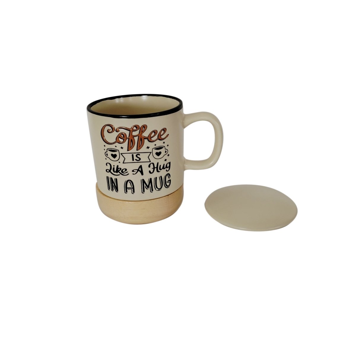Ceramic coffee mug, white with “Coffee is like a Hug in a Mug” print; lid and base