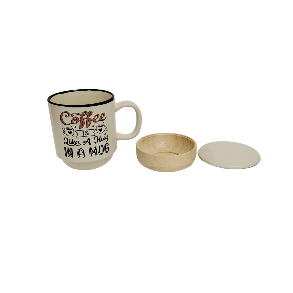 Ceramic coffee mug, white with “Coffee is like a Hug in a Mug” print; wood base and lid