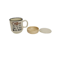 Ceramic coffee mug, white with “Coffee is like a Hug in a Mug” print; wood base and lid