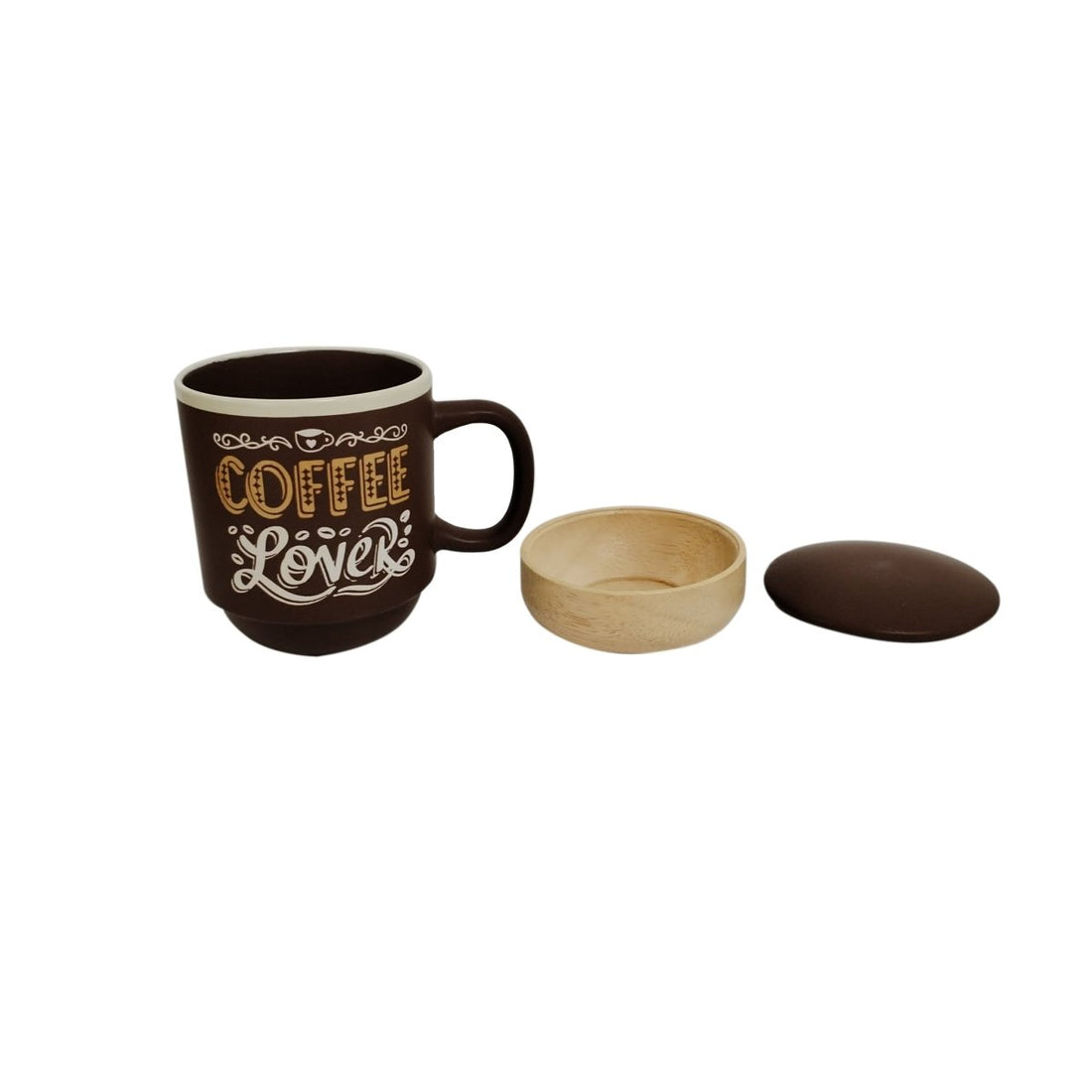 Ceramic coffee mug, brown with “Coffee Lovers” print; wood base and extra lid shown