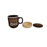 Ceramic coffee mug, brown with “Coffee Lovers” print; wood base and extra lid shown