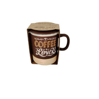 Ceramic coffee mug in box, brown cup with “Coffee Lovers” print and matching lid
