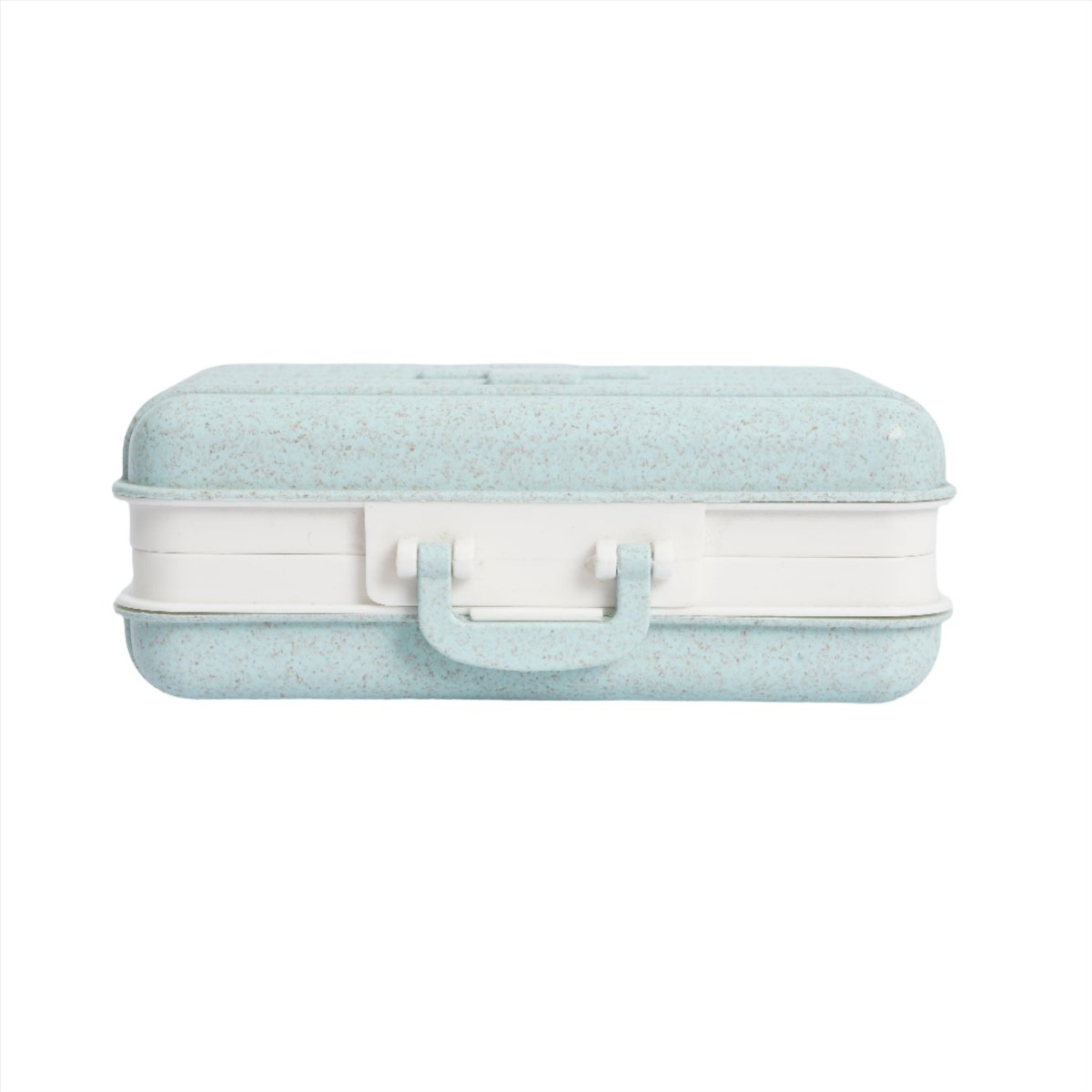 9-inch wheat fiber baking pan suitcase with teal lid, white body, front latch