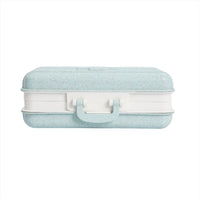 9-inch wheat fiber baking pan suitcase with teal lid, white body, front latch
