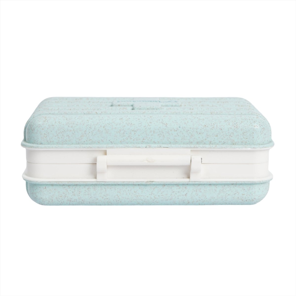 9-inch wheat fiber baking pan suitcase with teal top and white latch front