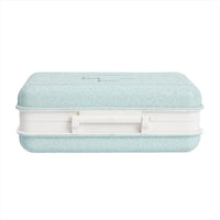 9-inch wheat fiber baking pan suitcase with teal top and white latch front
