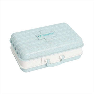 9-inch wheat fiber baking pan suitcase with teal textured lid and latch handle