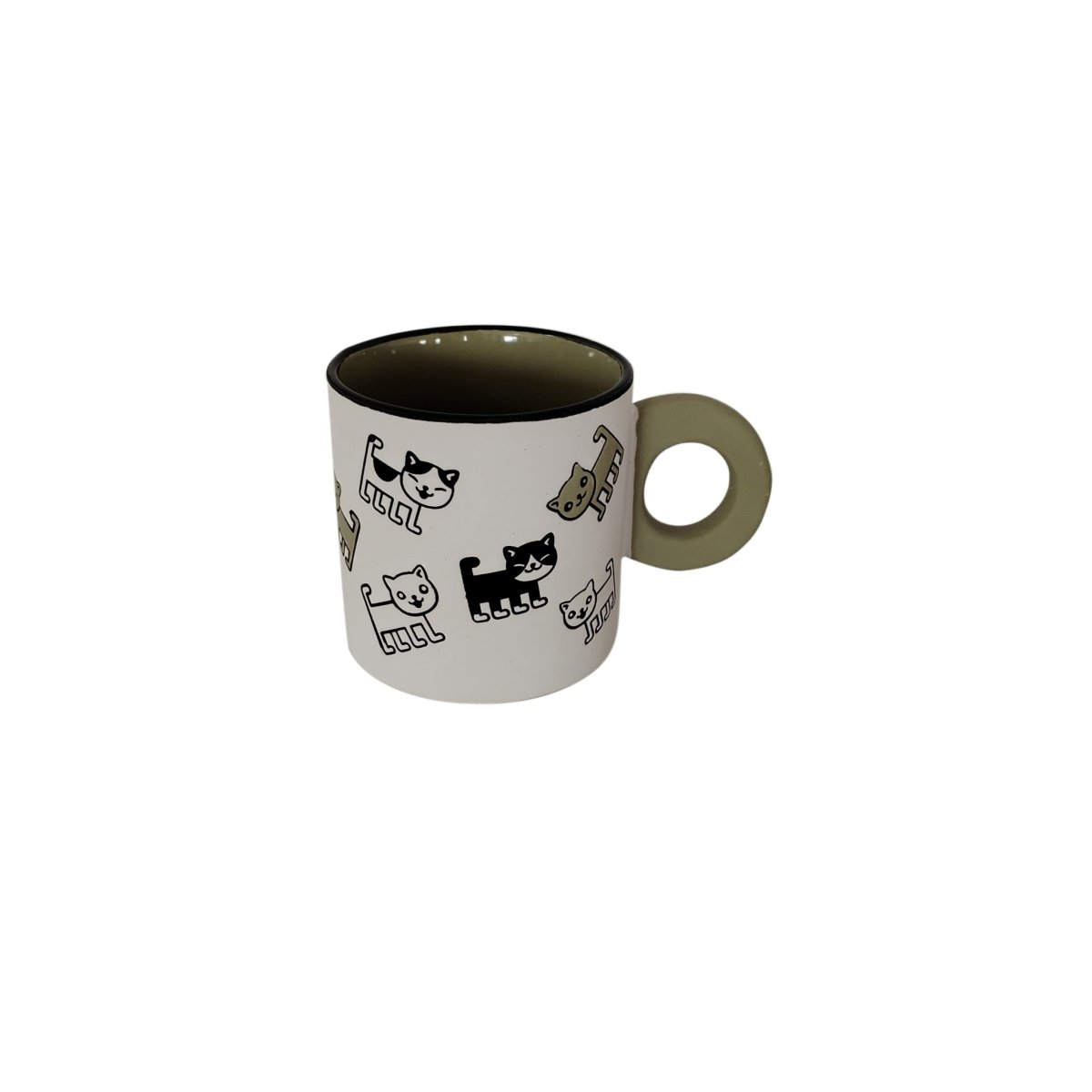 Ceramic cup with cute animal icons and cream handle, dark inner rim