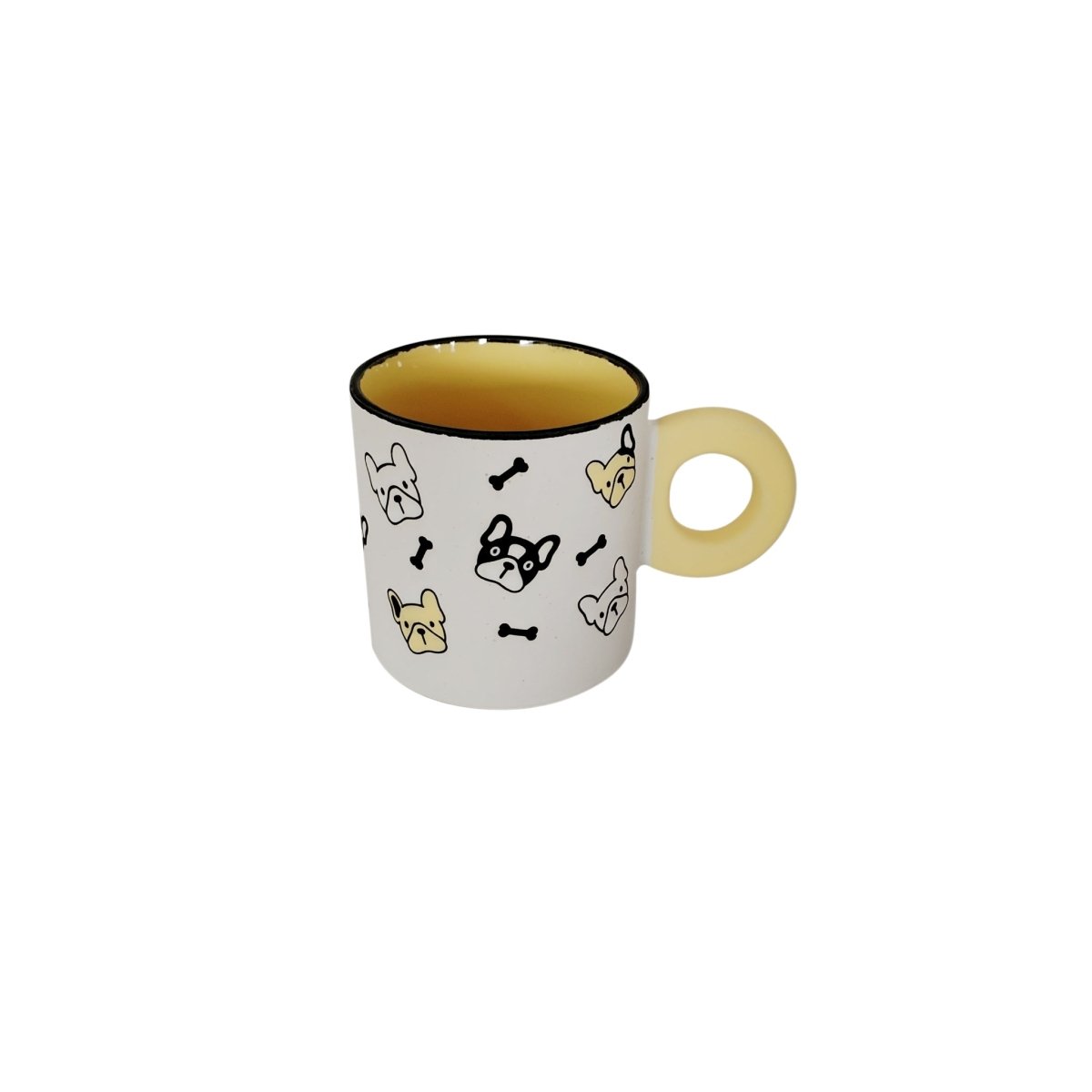 Ceramic cup with cute animal icons and cream handle, dark inner rim
