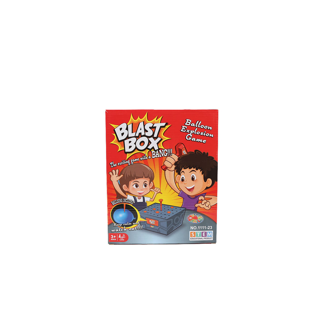 Cardboard game box with “Blast Box” title and kids illustration, red and yellow design.