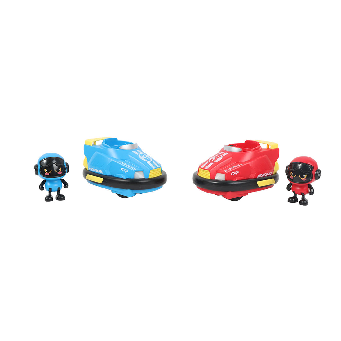 Blue and red bumper cars with two character figures.