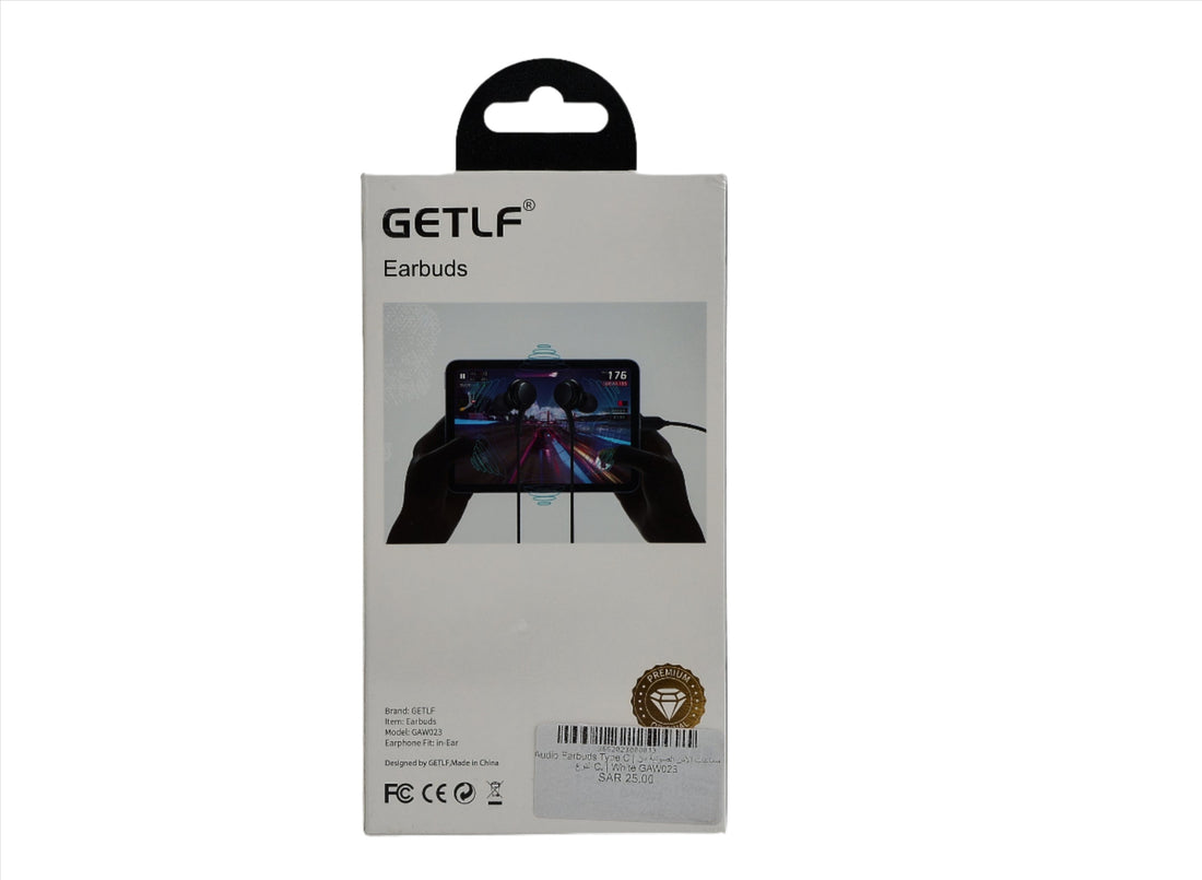 Audio earbuds Type C retail box back with earbuds illustration and icons