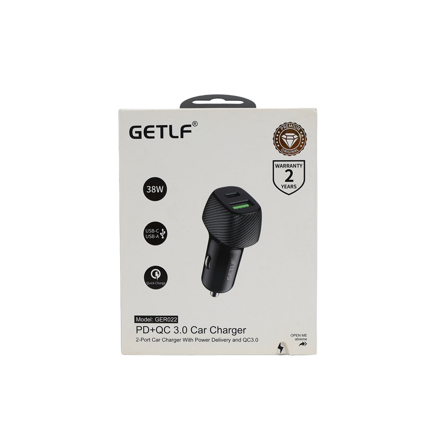 Black car charger box with dual ports and USB-C; 38W PD+QC 3.0