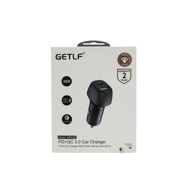 Black car charger box with dual ports and USB-C; 38W PD+QC 3.0
