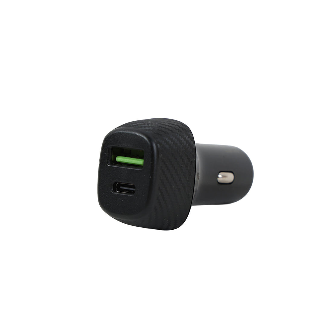 Black car charger with USB-C and USB-A ports, dual output and green LED