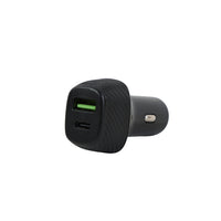 Black car charger with USB-C and USB-A ports, dual output and green LED