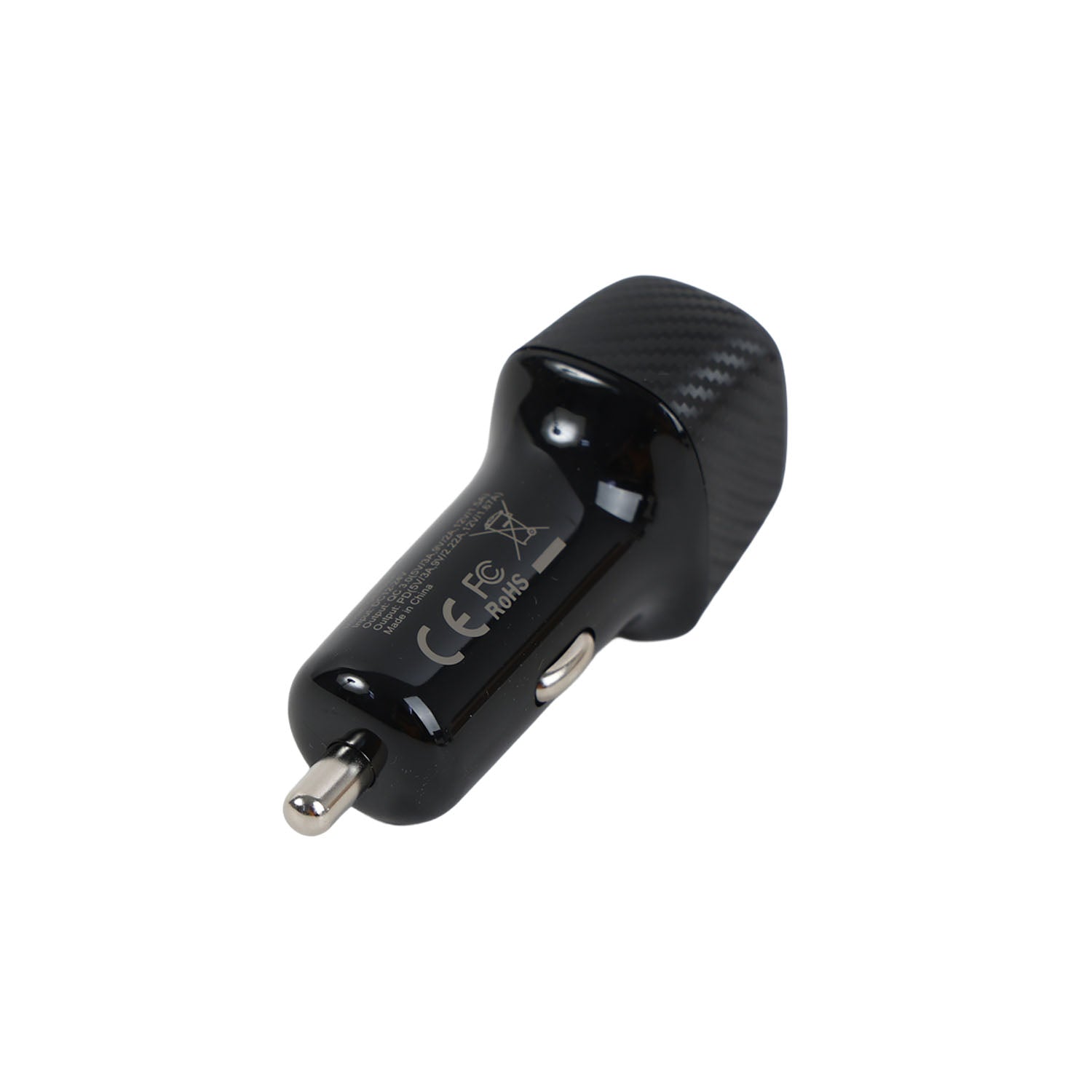 Black car charger plug with USB-C and USB-A ports; carbon-fiber textured grip