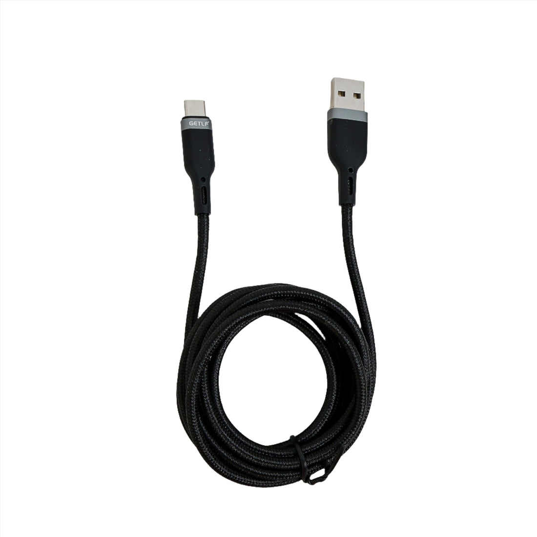 Braided black USB-A to Type C data cable with connector ends