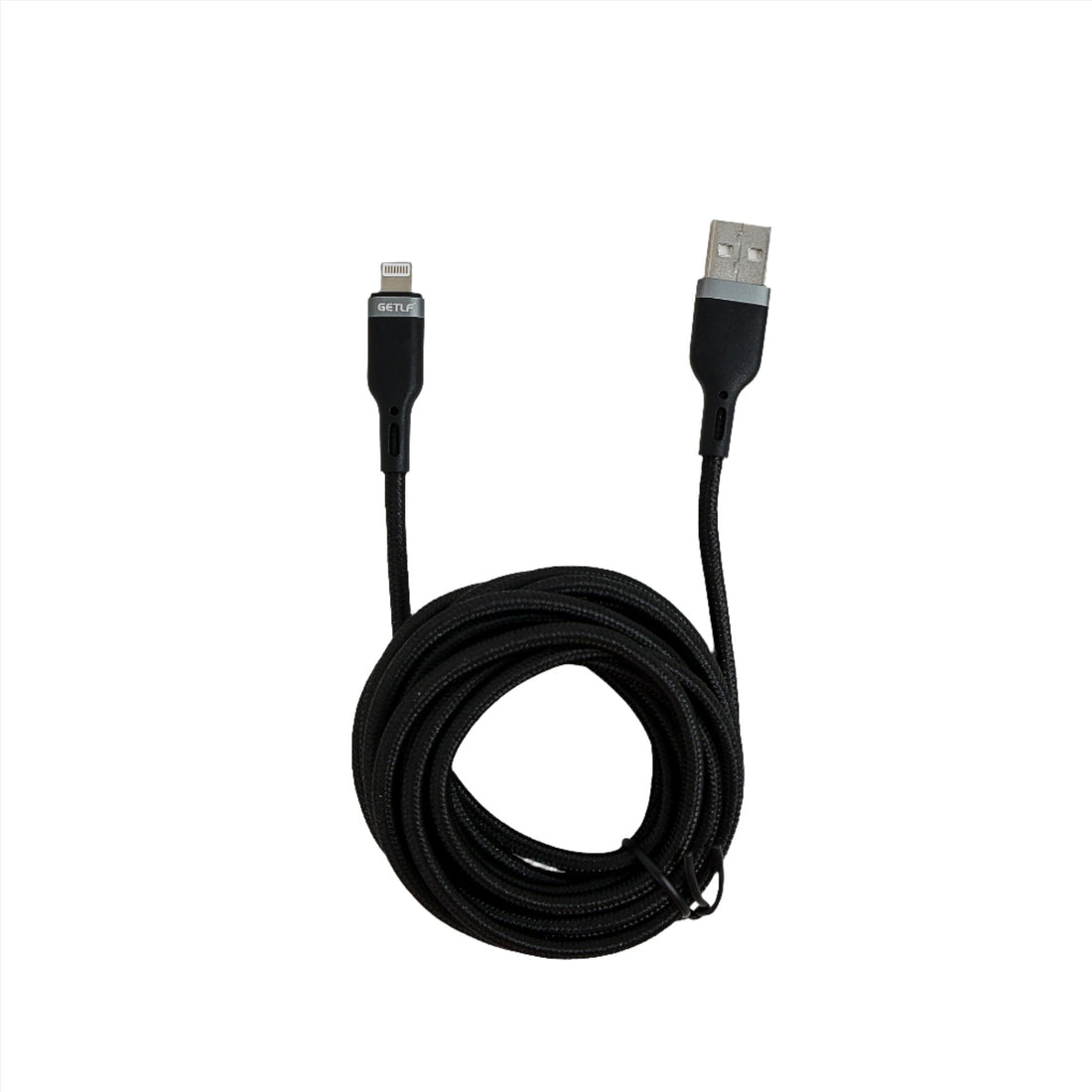 Black USB-A to Lightning cable with USB-A and Lightning connectors