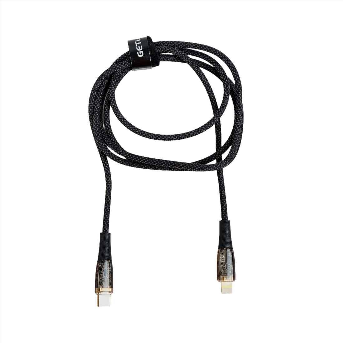 Braided USB-C to Lightning cable with USB-C and Lightning plugs, black.