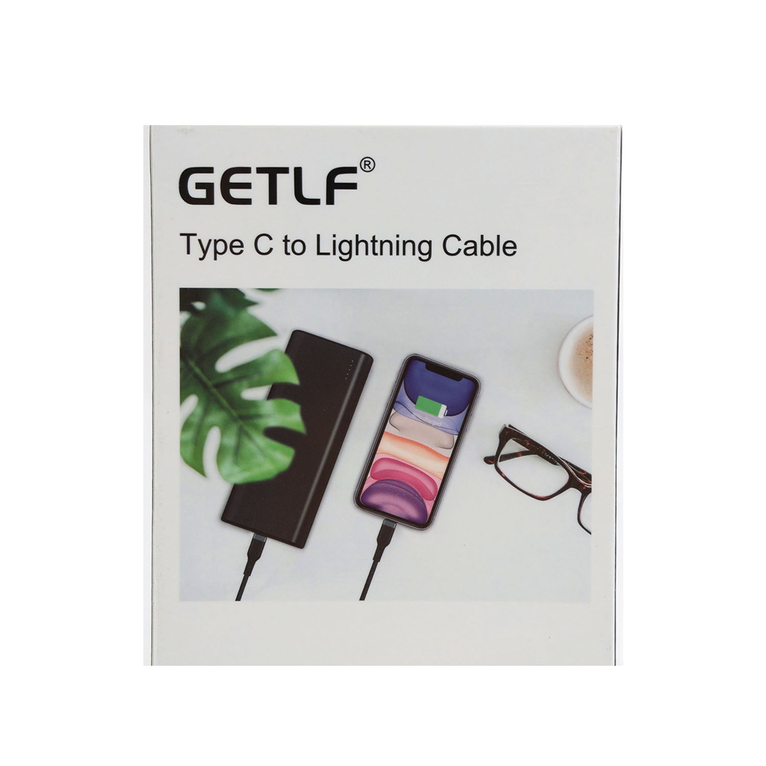 USB Type-C to Lightning cable, black braided, shown on retail box packaging