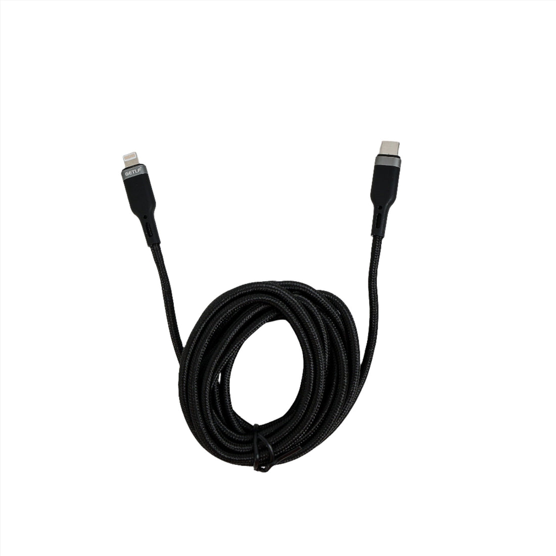 Black braided data cable with USB-C to Lightning connectors, dual ends