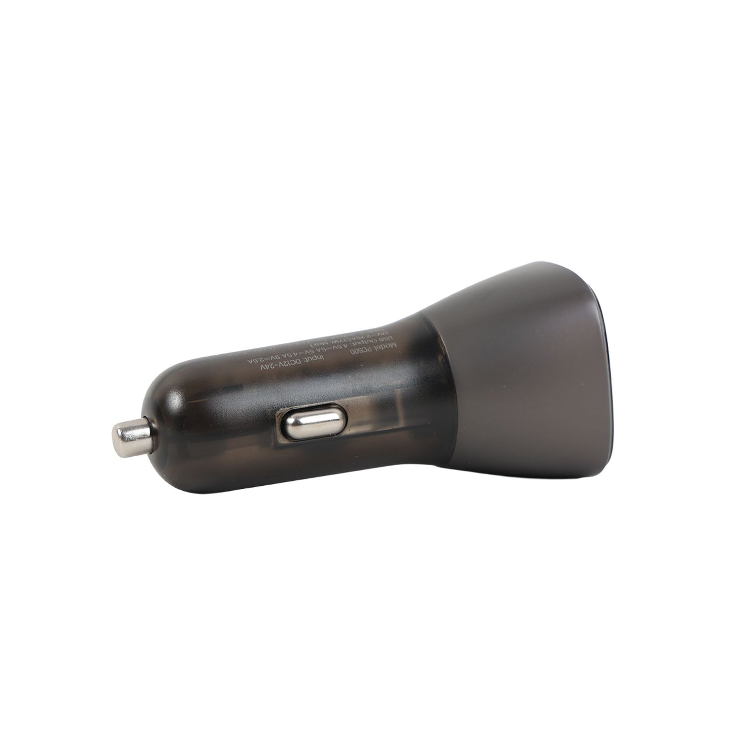 Dark gray dual-port car charger with USB-A and Type-C fast charge port