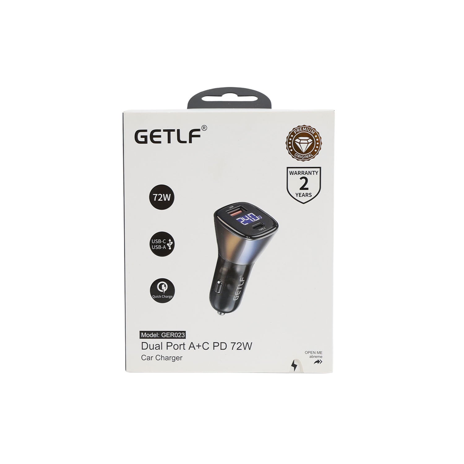 GETLF 72W dual-port car charger retail box, USB-A and USB-C PD