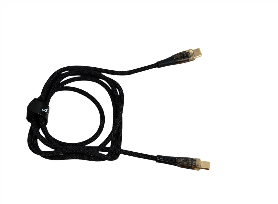 USB-C to USB-C cable, black braided, gold connectors on both ends.