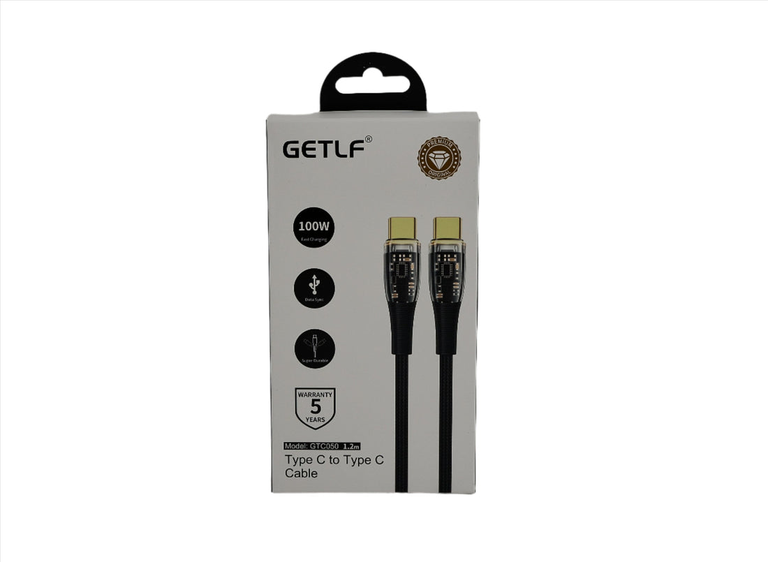 USB-C to USB-C cable, black with gold connectors, shown in retail box.