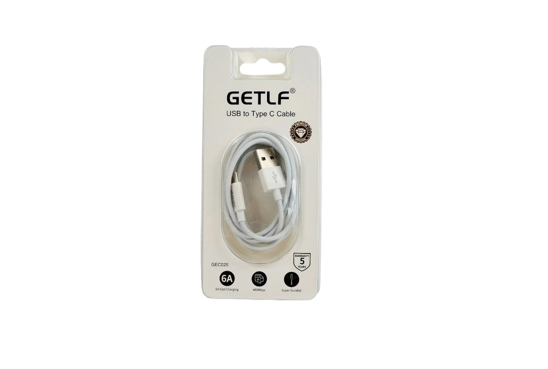 USB to Type C cable in retail blister pack with GETU branding and 6A label